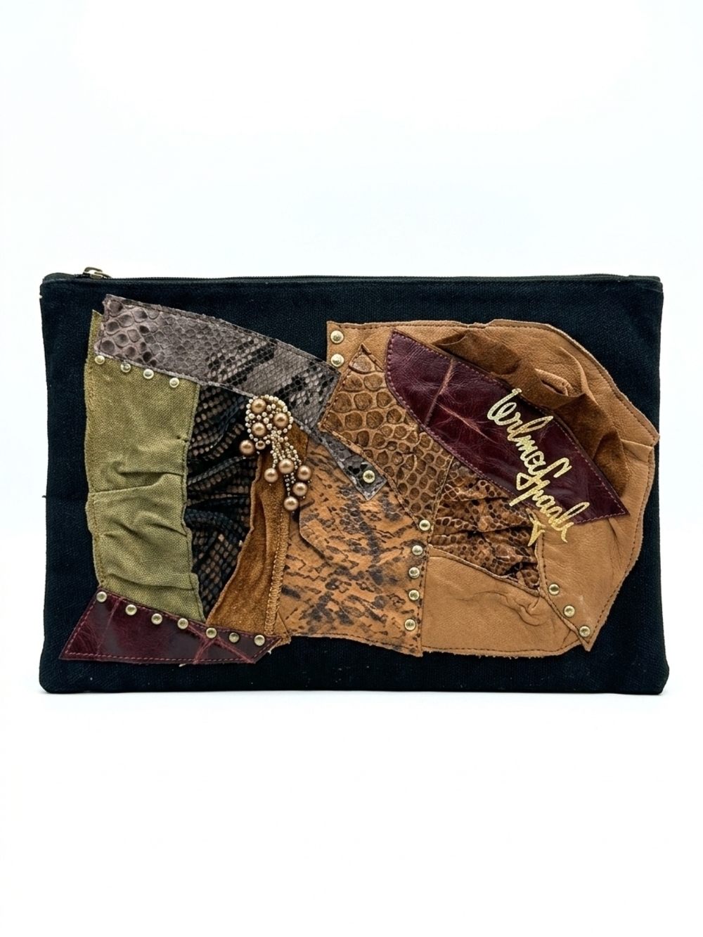 Wilma Spagli Black Patchwork Leather & Fabric Clutch - Brown Accents